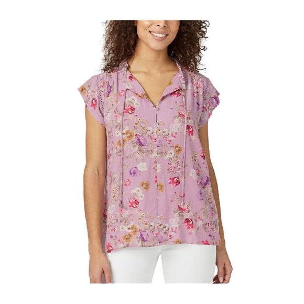 Buffalo Women's Top Floral Print Flutter Slv W/Tie Closure (Lılac Flower, Small) - Picture 1 of 4
